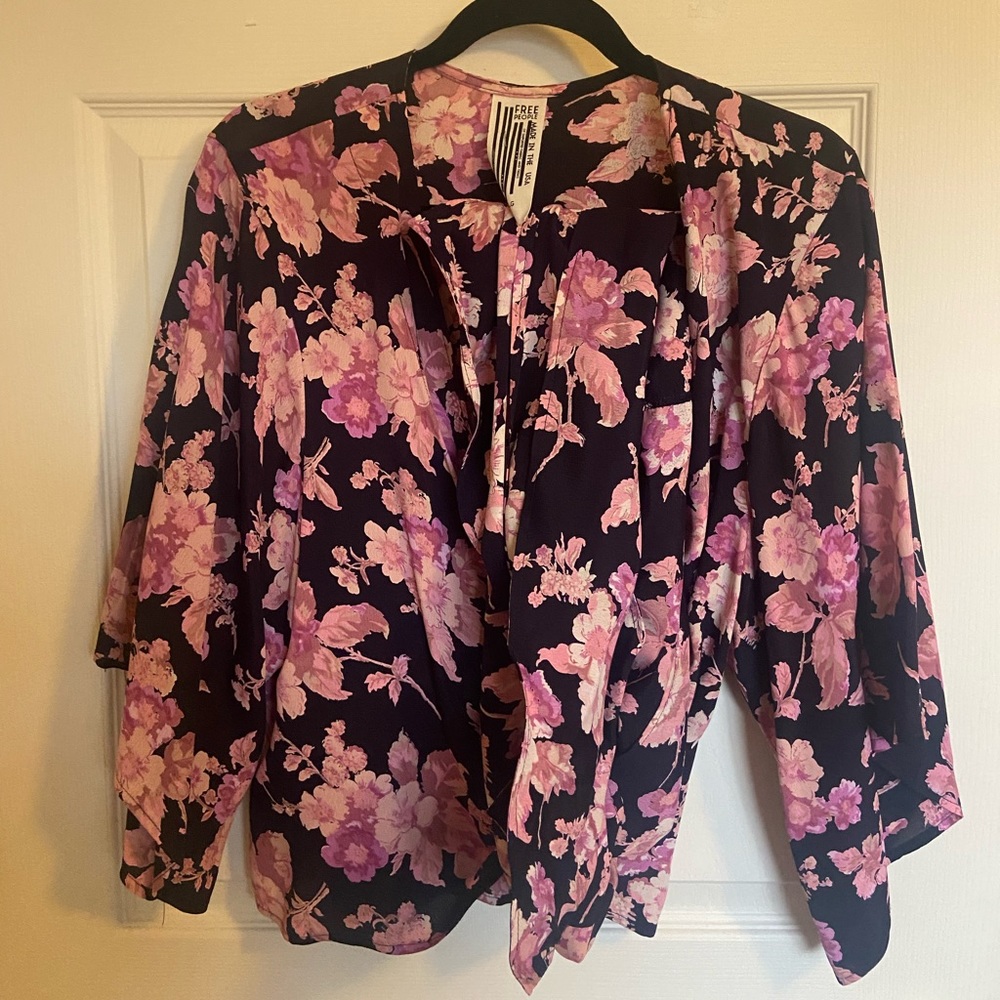 Free People Navy and Pink Floral Wrap Blouse